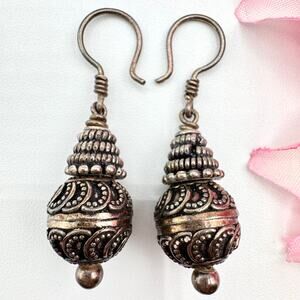 All Silver Etruscan Style Ornate Dangle Earrings Bali Style Tested Boho Bohemian